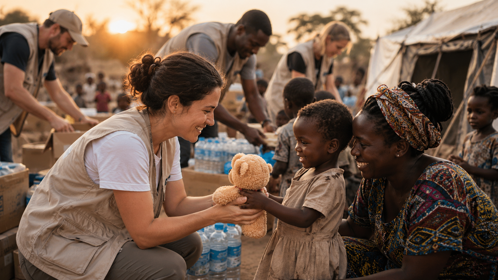 Humanitarian volunteers helping families
